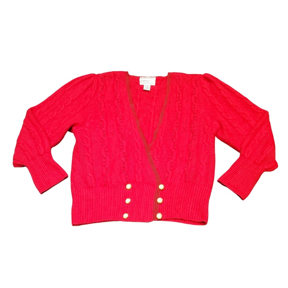 Vtg 90s Side Effects Red Angora Wool Beaded Cardigan Sweater Gold Button Size M